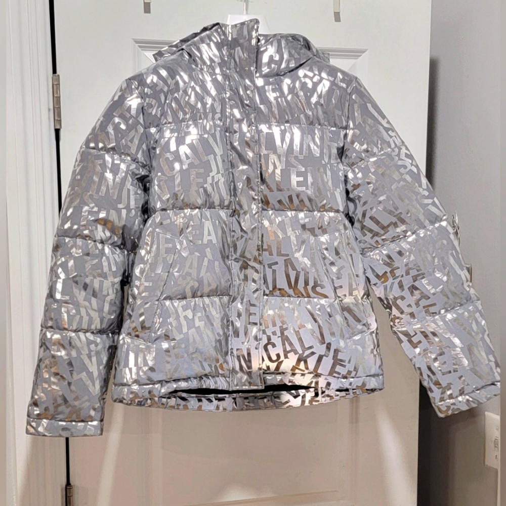Calvin Klein Jeans Silver All Over Logo Puffer Size S